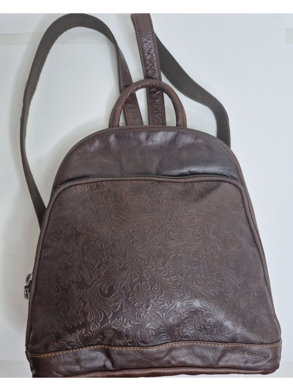 Jack Georges Voyager Backpack In Brown Buffalo Leather With Floral Emboss